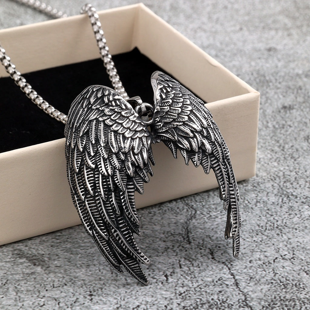 Vintage Stainless Steel Angel Wings Pendant Necklace for Men