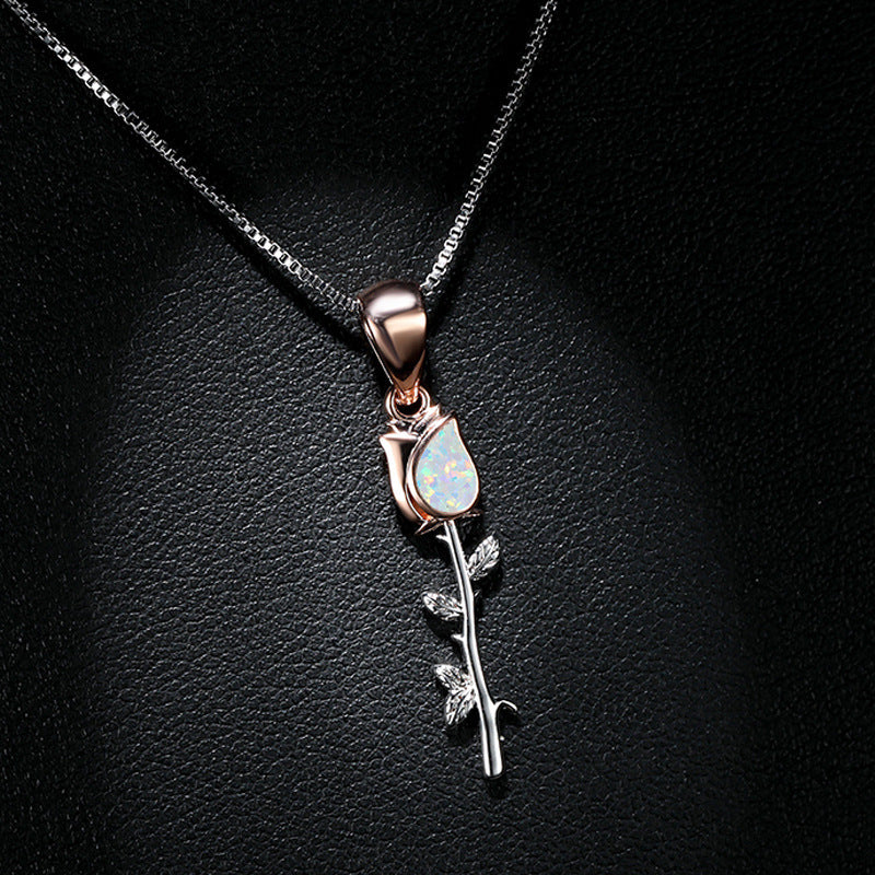 Two-tone White Gold and Rose Gold Blue and White Australian Rose Flower Women's Versatile Necklace