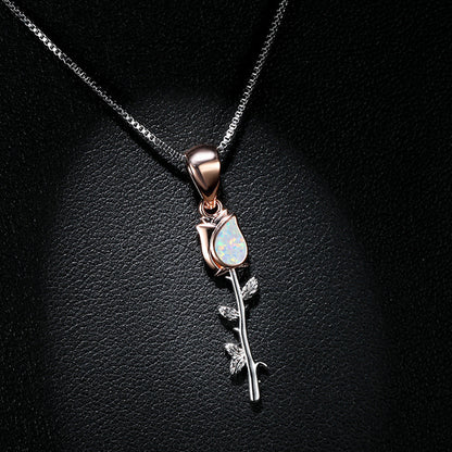 Two-tone White Gold and Rose Gold Blue and White Australian Rose Flower Women's Versatile Necklace