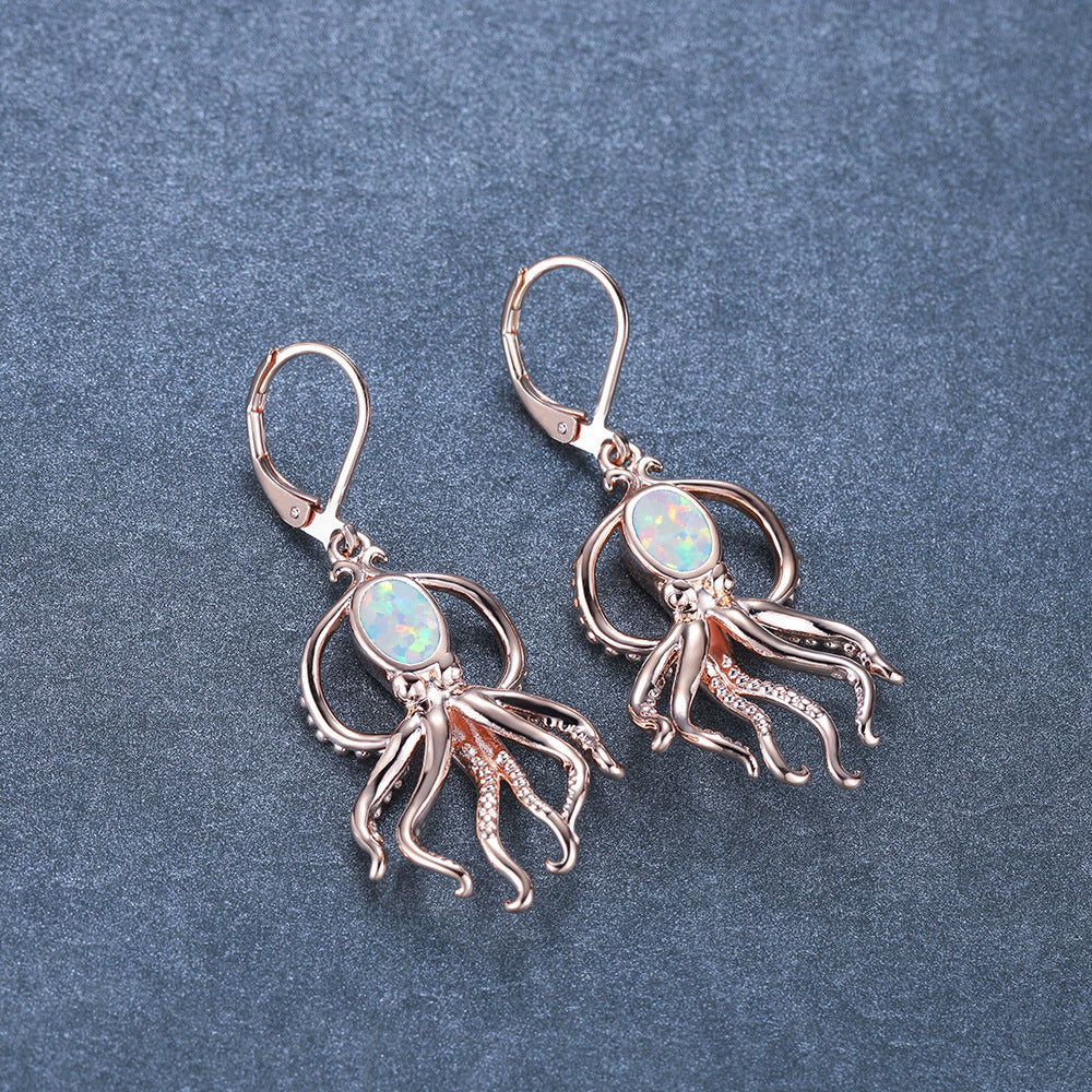 Women's Octopus‑Shape Oval Opal & Zirconia Leverback Dangle Earrings, with Champagne Gold Plating / White Gold Plating