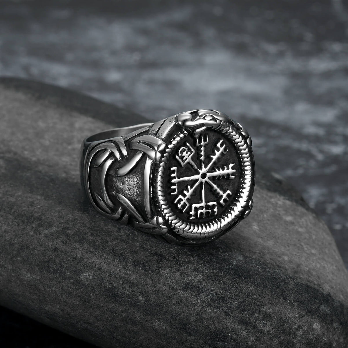 Vintage Antique Oxidized Solid Stainless Steel Norse Viking Aegishjalmur Helm of Awe Celtic Knot Wide Signet Band Ring for Men