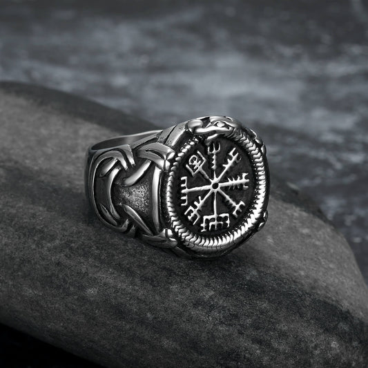 Vintage Antique Oxidized Solid Stainless Steel Norse Viking Aegishjalmur Helm of Awe Celtic Knot Wide Signet Band Ring for Men
