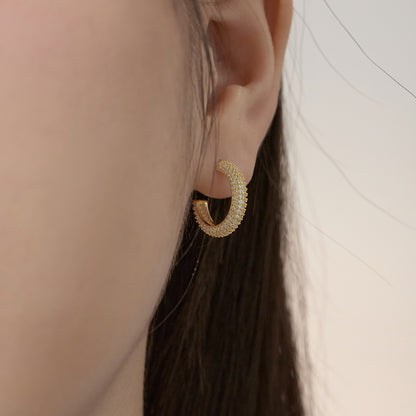 Women's Delicate 11 mm Round Huggie Earrings, Full Paved Round Zirconia, S925 with 18K Gold Plating