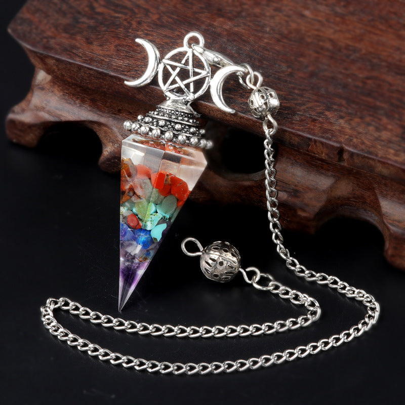 Three-phase moon seven-colored crushed stone resin crystal hexagonal pyramid spirit pendulum