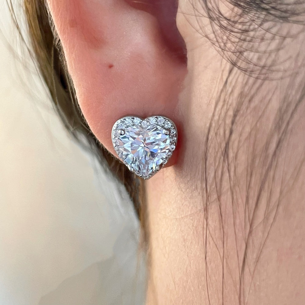 Women's Heart Halo Stud Earrings, Heart‑Shape Main Zirconia With Round Zirconia Halo, S925 with White Gold Plating