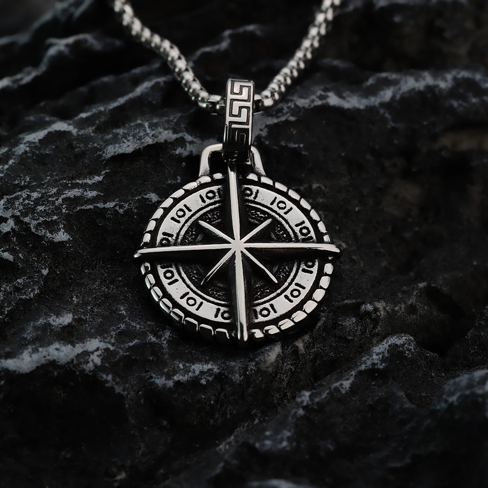Vintage Stainless Steel Hexagram Compass Pendant Necklace for Men