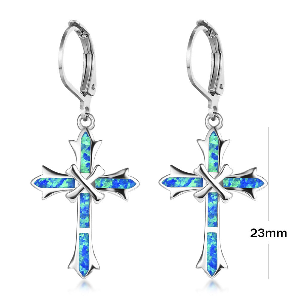 Women's Cross Dangle Hoop Earrings With Blue Opal Inlay, with White Gold Plating