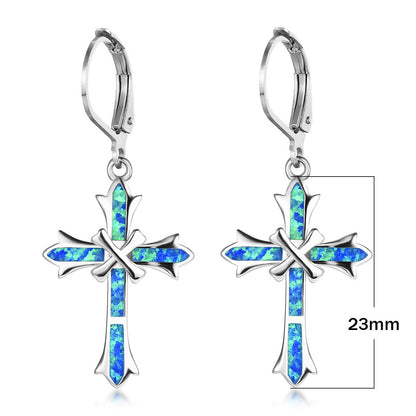 Women's Cross Dangle Hoop Earrings With Blue Opal Inlay, with White Gold Plating