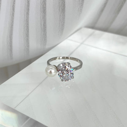 Women's Oval Zirconia Pearl Accent Ring, S925 with White Gold Plating