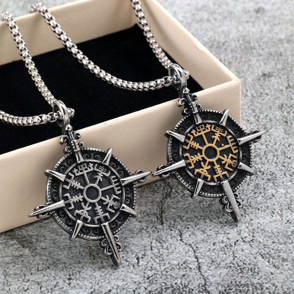 Vintage Stainless Steel Viking Ship Wheel Pendant Necklace for Men