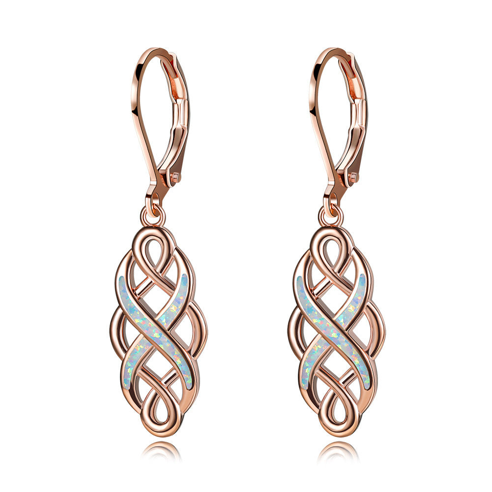 Women's Celtic Knot Hollow Blue & White Opal Leverback Dangle Earrings, White Gold Plating & Rose Gold Plating