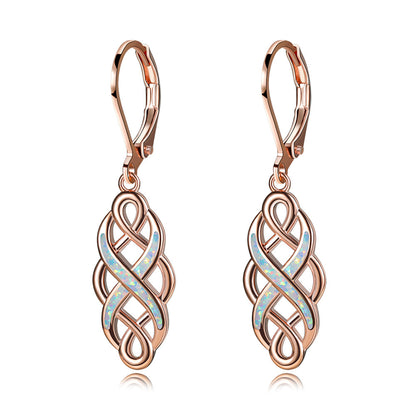 Women's Celtic Knot Hollow Blue & White Opal Leverback Dangle Earrings, White Gold Plating & Rose Gold Plating