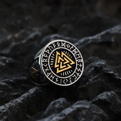 Vintage Nordic Stainless Steel Viking Triangle Symbol Rune Circle Signet Ring for Men