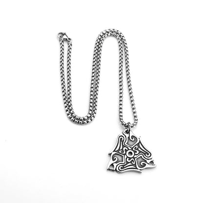 Vintage Antique Oxidized Stainless Steel Men's Norse Viking Swirl Pattern Triangle Hollow Totem Pendant Necklace