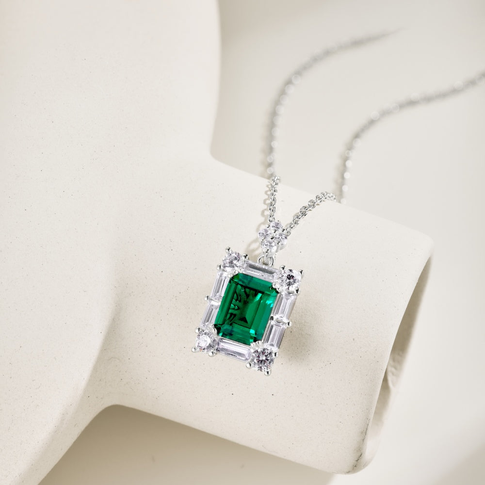 Women's Rectangular Emerald Pendant Necklace, S925 with White Gold Plating