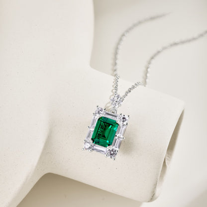 Women's Rectangular Emerald Pendant Necklace, S925 with White Gold Plating