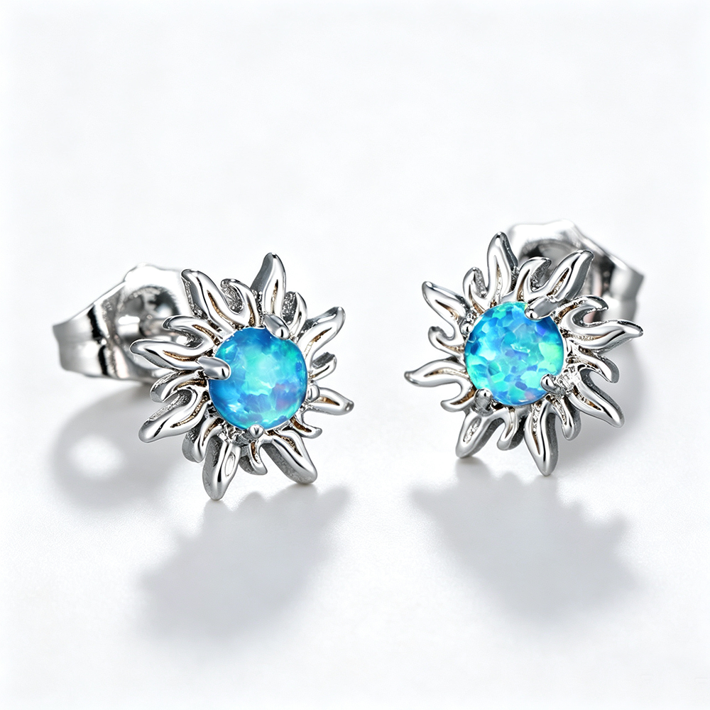 Women's Sunflower Round Opal Stud Earrings, Blue / White Opal Option, with White Gold Plating