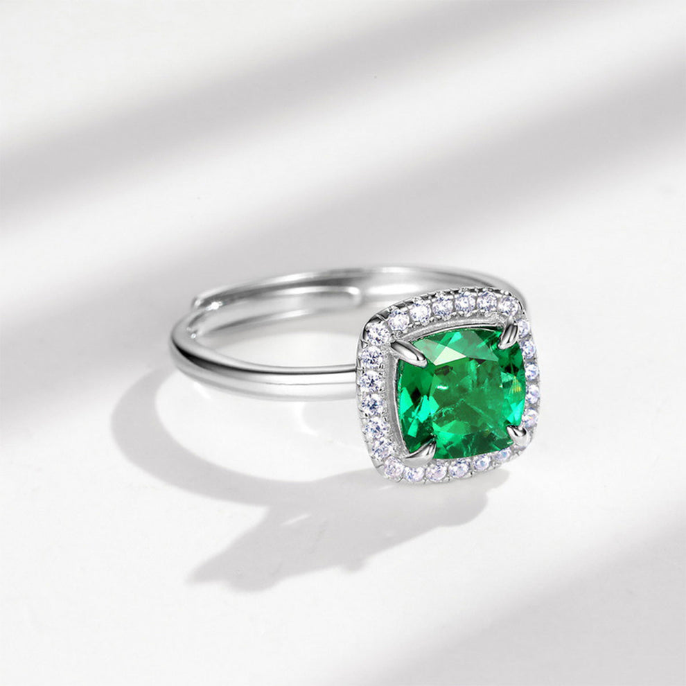 Women's White Gold Cushion Shape Emerald Halo Adjustable Ring