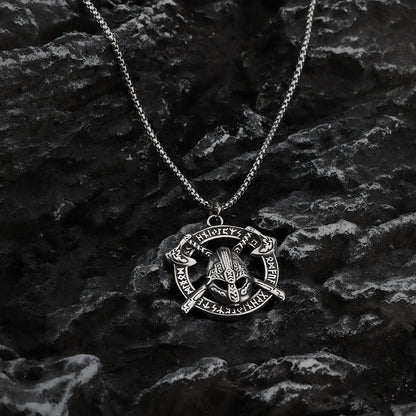 Vintage Stainless Steel Viking Helmet Rune Axe Round Pendant Necklace for Men