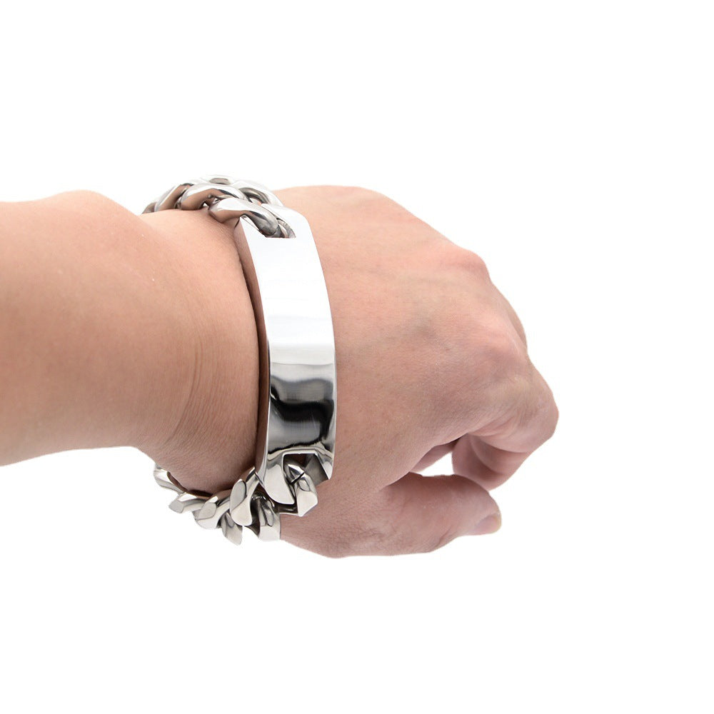 Men’s Silver Six Sides Polished Curved Tag Bracelet, Fashion Stainless Steel Wrist Jewelry