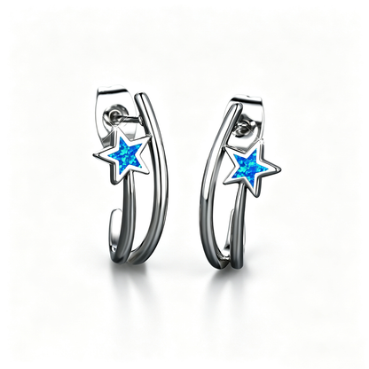 Women's Double‑Hoop C‑Shape Star Opal Hoop Earrings, with White Gold Plating / Rose Gold Plating