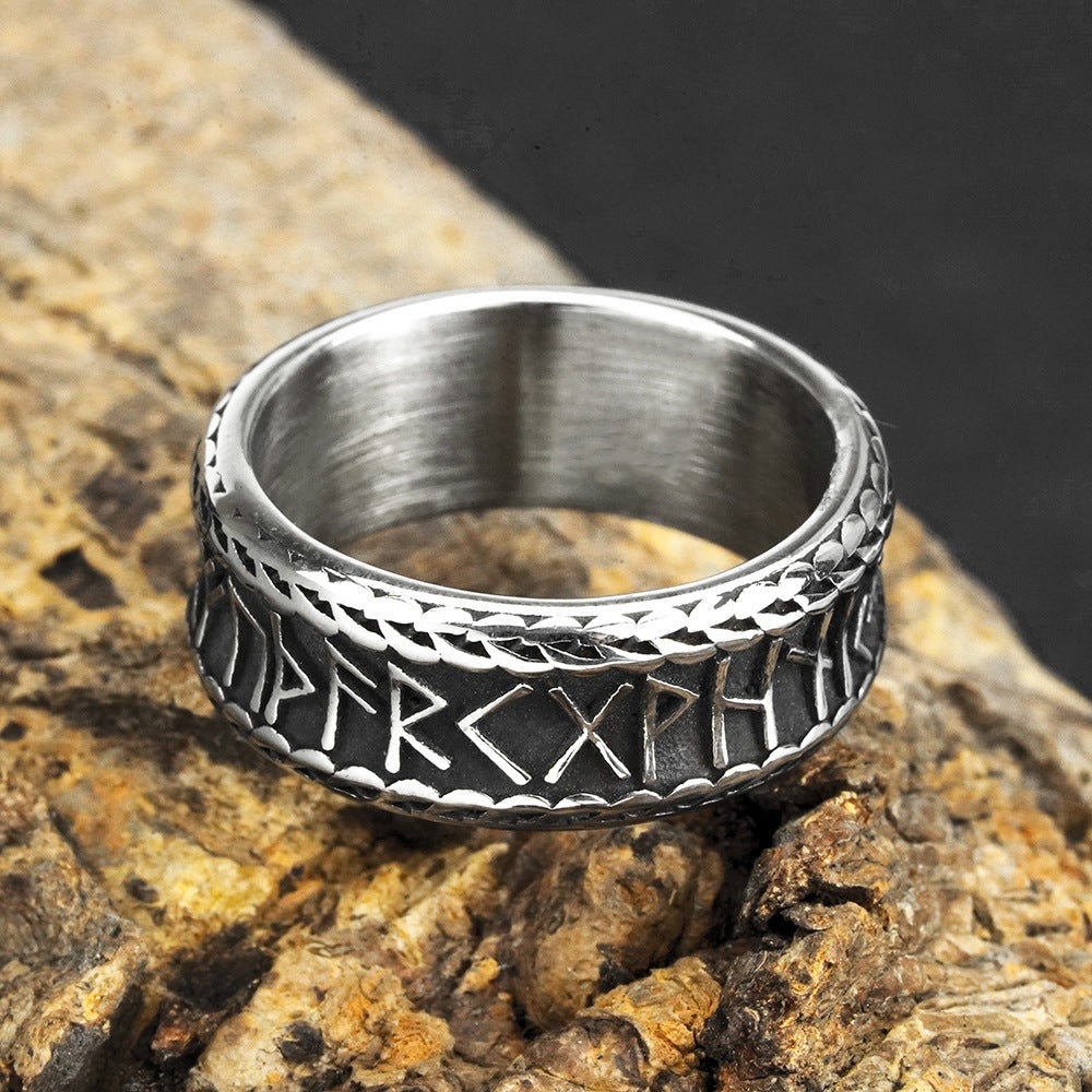 Vintage Antique Oxidized Solid Stainless Steel Norse Viking Rune Braided Trim Wide Circle Band Ring for Men
