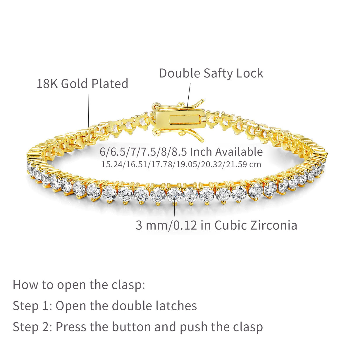 Women&Men's 3-Claw 3-4mm Eight-Shaped Buckle Zircon Tennis Bracelet