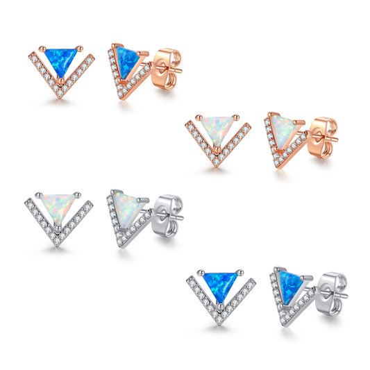 Women's V‑Shaped Triangle Opal Stud Earrings With Zirconia Inlay, White Gold Plating / Rose Gold Plating