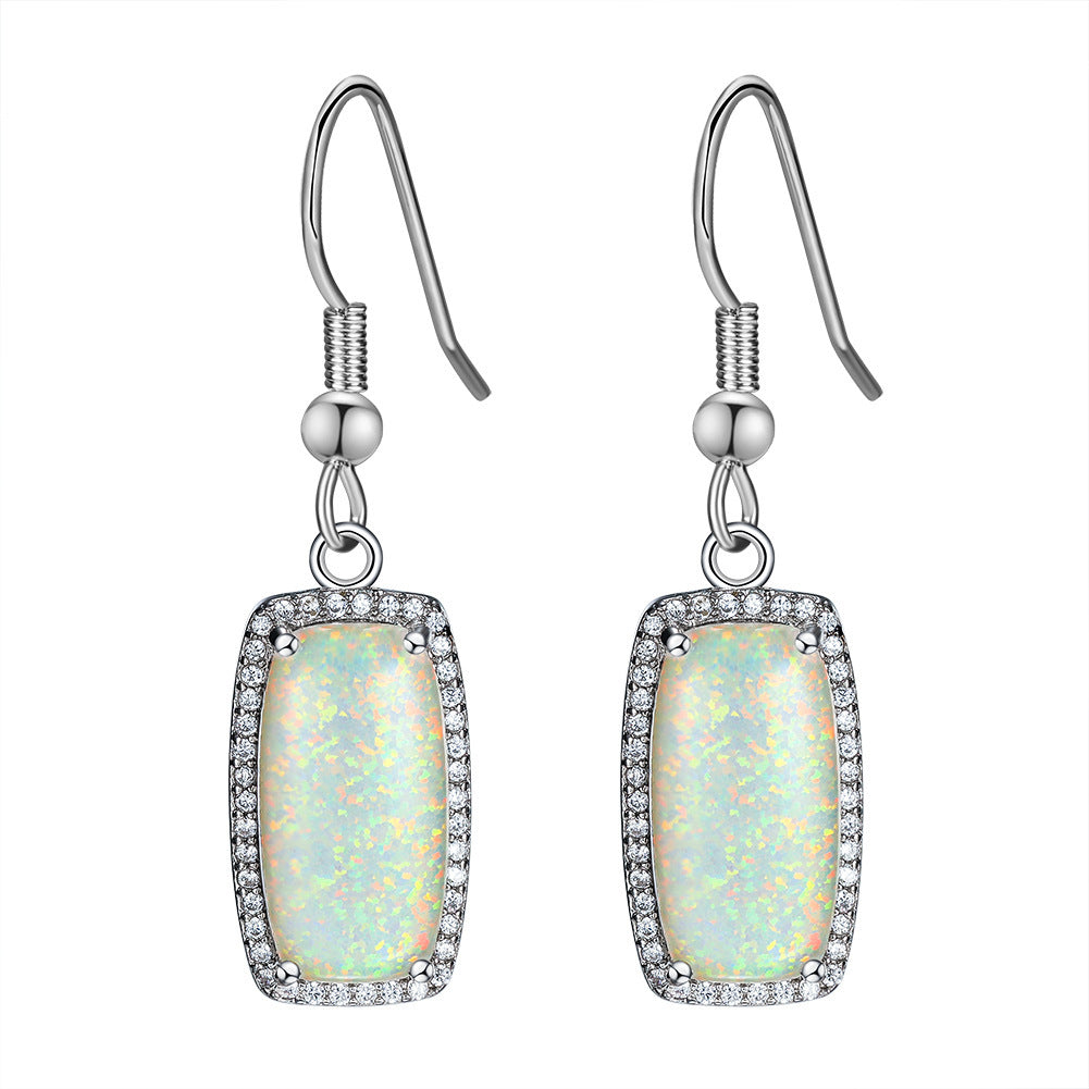 Women's Rectangle Halo Zirconia Dangle Earrings With White Opal, White Gold Plating