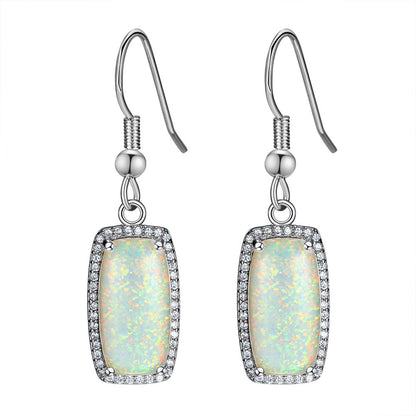 Women's Rectangle Halo Zirconia Dangle Earrings With White Opal, White Gold Plating