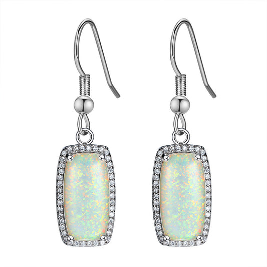 Women's Rectangle Halo Zirconia Dangle Earrings With White Opal, White Gold Plating