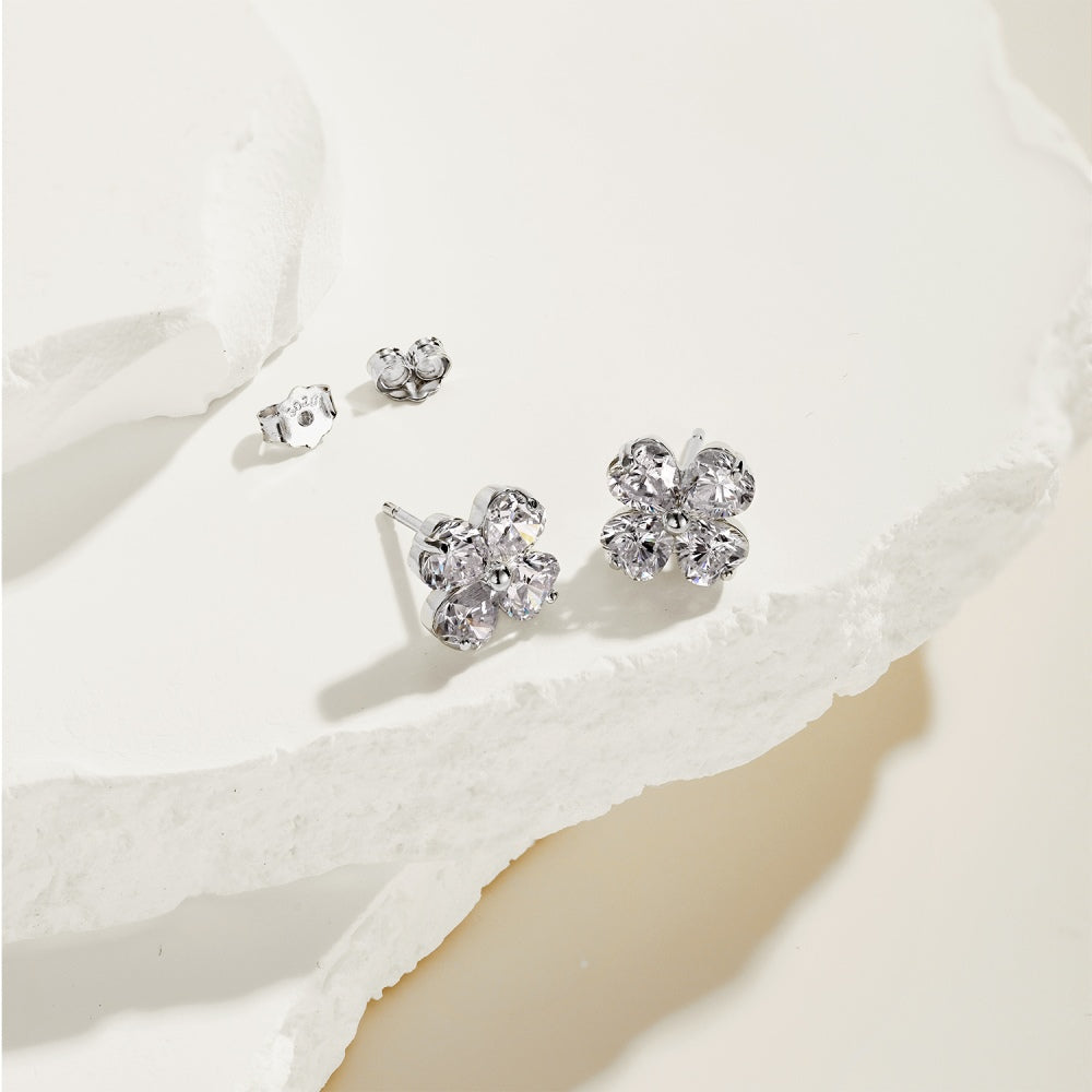Women's Clover Stud Earrings, Heart‑Shape Clear Zirconia with Bead Accent, S925 with White Gold Plating
