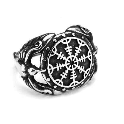 Vintage Solid Stainless Steel Norse Viking Aegishjalmur Helm of Awe Raven Band Ring for Men