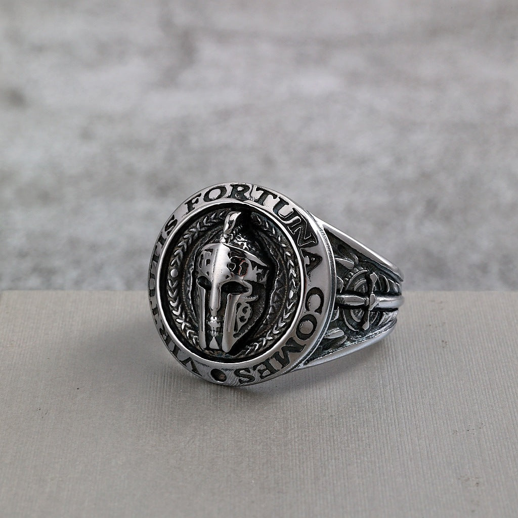 Vintage Stainless Steel Spartan Helmet Ring Engraved Virtutis Fortuna Comes for Men