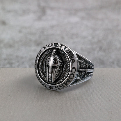 Vintage Stainless Steel Spartan Helmet Ring Engraved Virtutis Fortuna Comes for Men