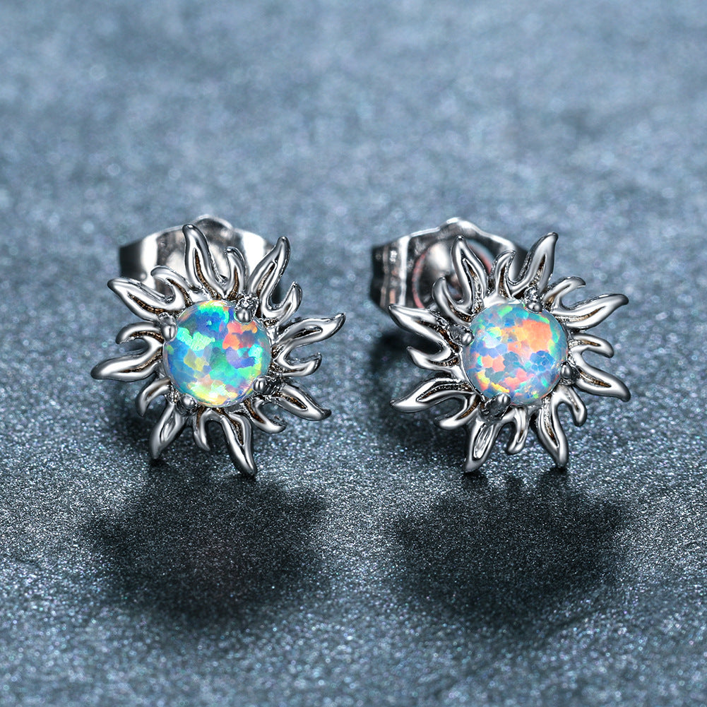 Women's Sunflower Round Opal Stud Earrings, Blue / White Opal Option, with White Gold Plating