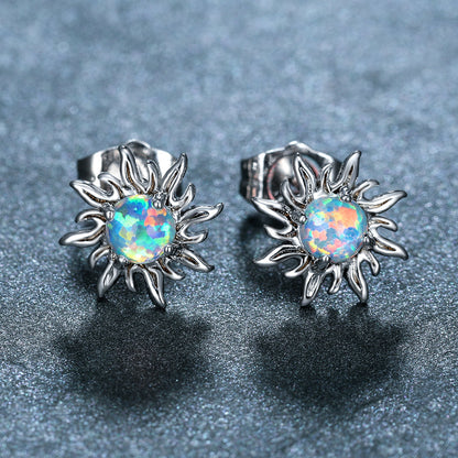 Women's Sunflower Round Opal Stud Earrings, Blue / White Opal Option, with White Gold Plating
