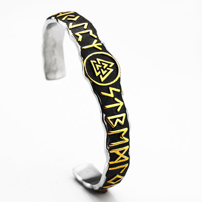 Nordic Pirate Retro Viking Rune Symbols Open C Bracelet for Men, Vintage Stainless Steel Cuff Bangle