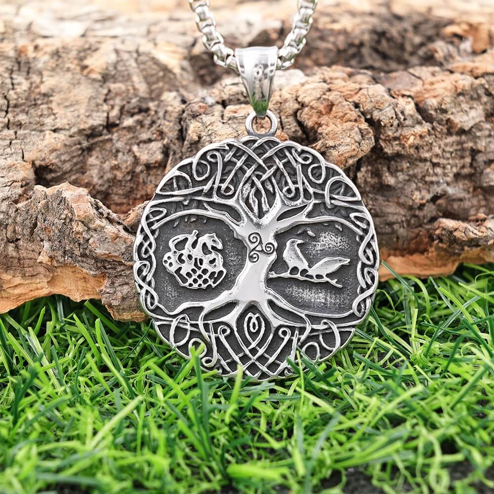 Men's Steel Tree of Life Round Pendant Necklace