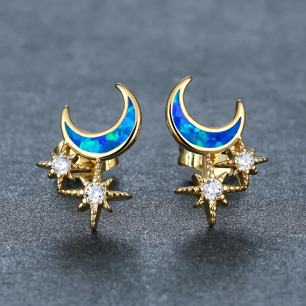 Women's Moon & Star Stud Earrings Inlaid with Blue Opal & White Opal and Round Zirconia