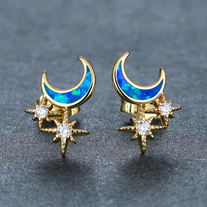 Women's Moon & Star Stud Earrings Inlaid with Blue Opal & White Opal and Round Zirconia