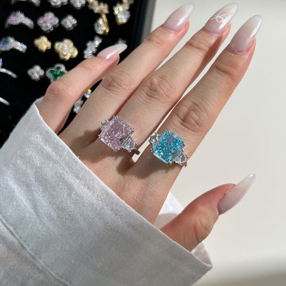 Women's White Gold Tone Ring Inlaid with Blue Rectangular & Polygon Zircon Stones