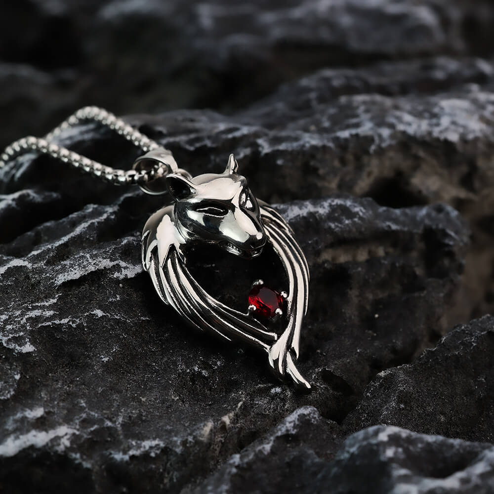 Vintage Stainless Steel Men's Wolf Head Pendant Necklace Inlaid Red Zircon