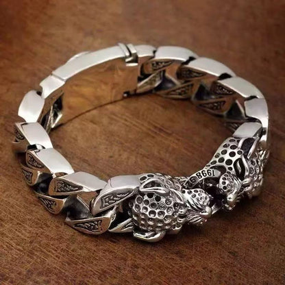 Men's Vintage Double Leopard Head Engraved Curb Link Bracelet