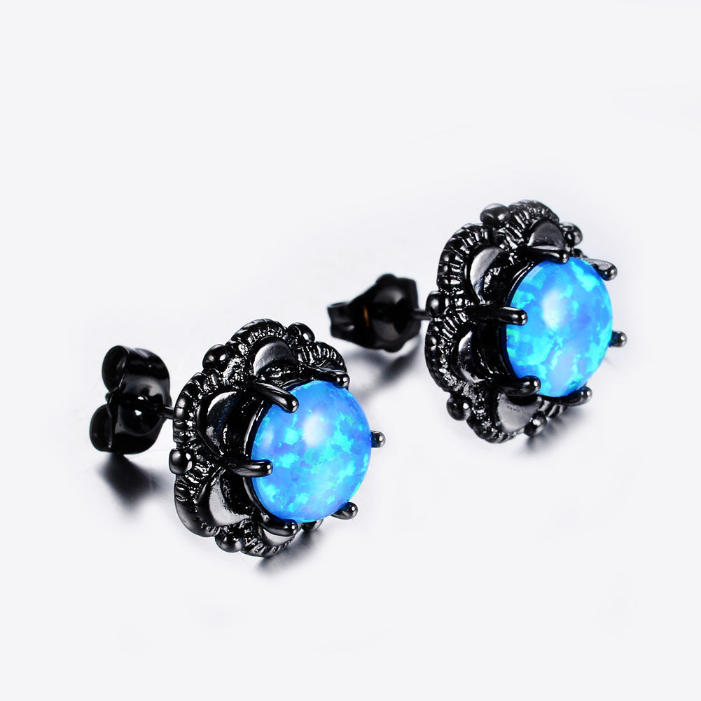 Women's Vintage Flower Stud Earrings, White Opal Prong Inlay, Black Plating