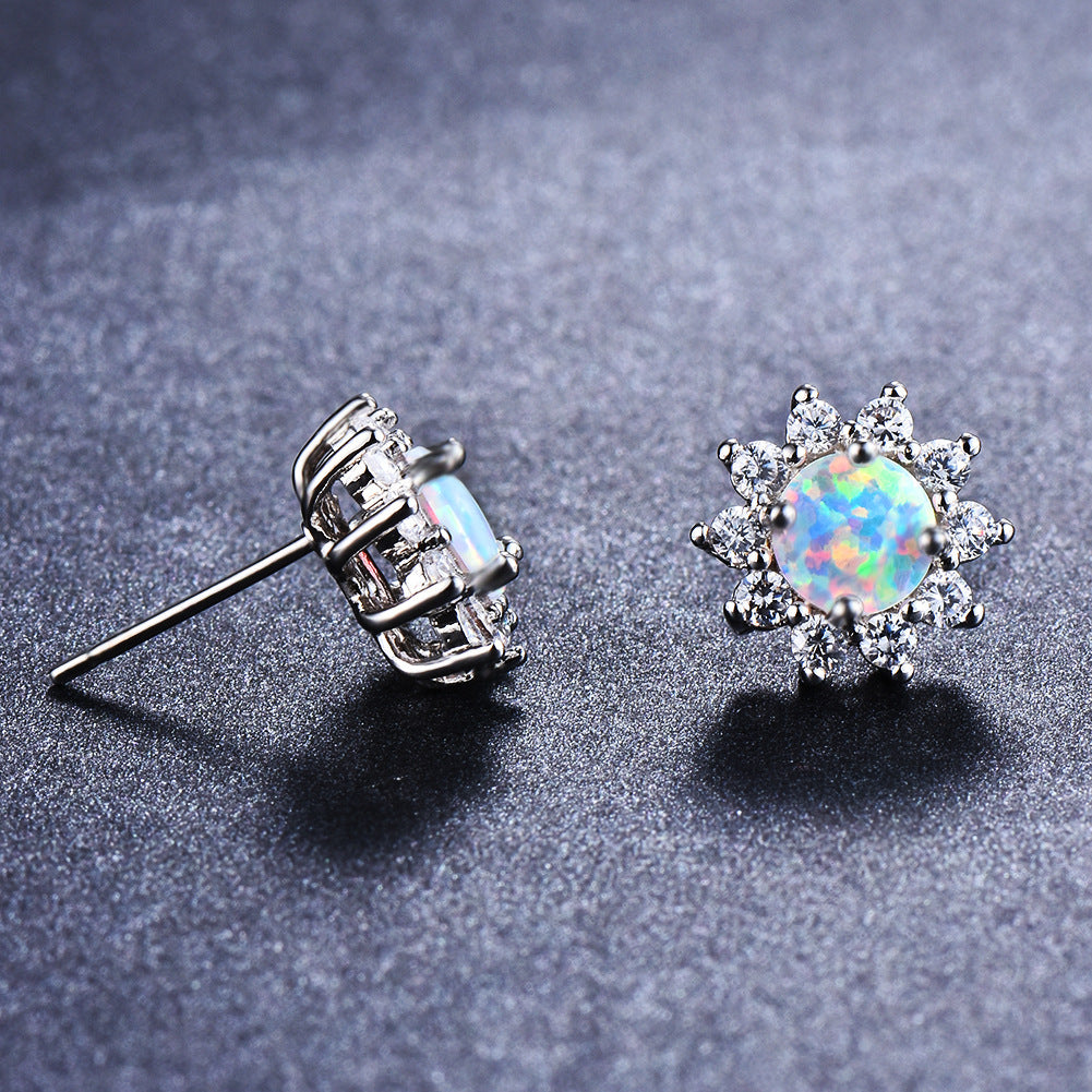 Women's Sunflower‑Shape Stud Earrings, Blue Opal / White Opal Center Stone Surrounded With Zirconia