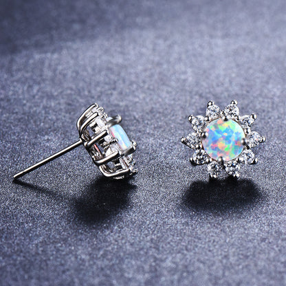 Women's Sunflower‑Shape Stud Earrings, Blue Opal / White Opal Center Stone Surrounded With Zirconia