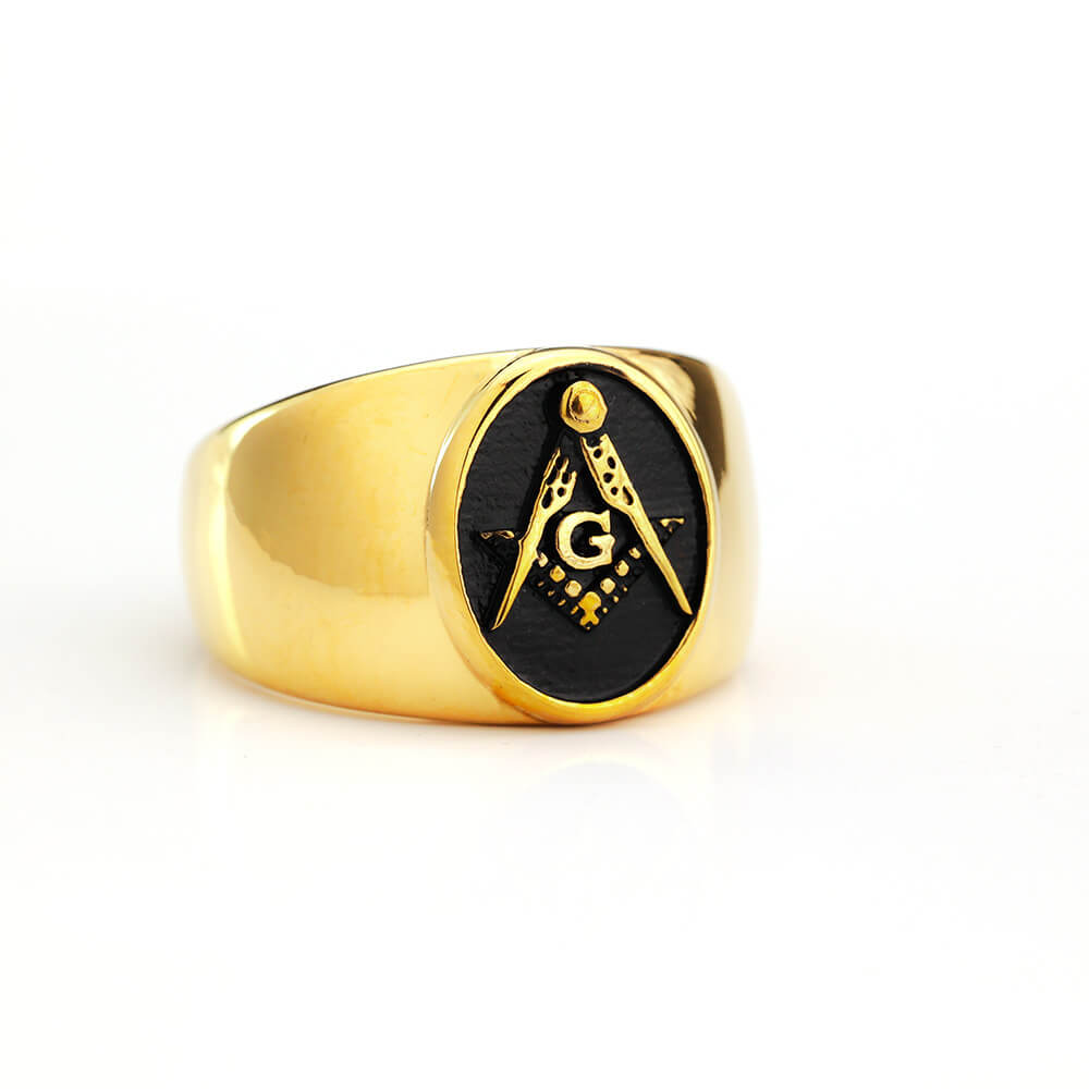 Vintage Gold Plated Stainless Steel AG Masonic Round Ring for Men Black Polished Background