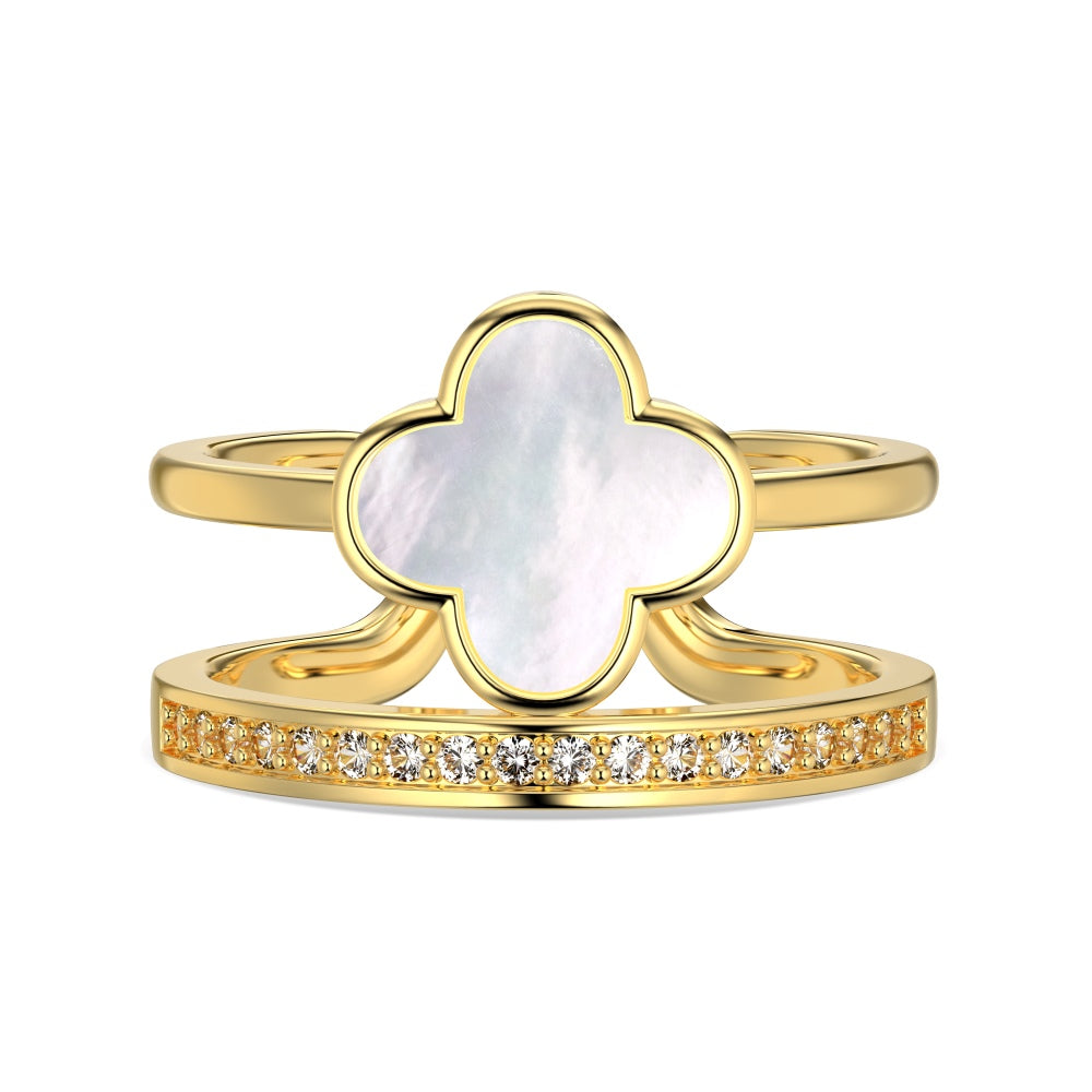 Women's Adjustable Double Layer Four‑Leaf Clover Ring With Round Zirconia & White shell Inlay, S925 with Gold Plating