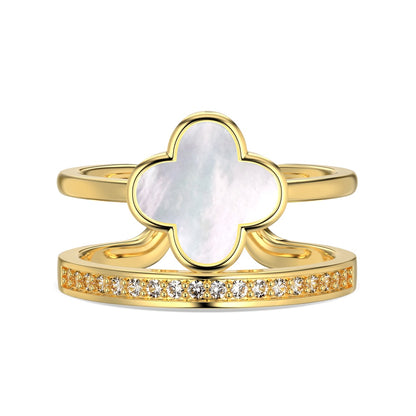 Women's Adjustable Double Layer Four‑Leaf Clover Ring With Round Zirconia & White shell Inlay, S925 with Gold Plating